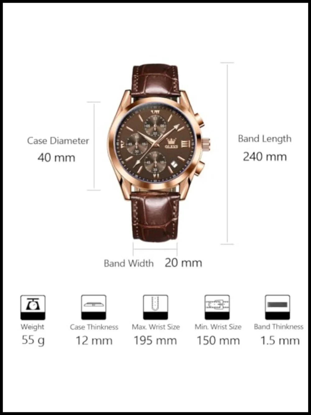 Men's Leather Chronograph Watch Big Face Roman Numeral Quartz 40mm